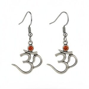 Silver Om Symbol Drop Earrings Orange Rhinestone Dangle Yoga Spiritual Jewelry